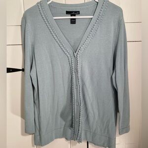 Willi Smith Cardigan Sweater with ruffle trim. Light French blue 100% cotton. XL